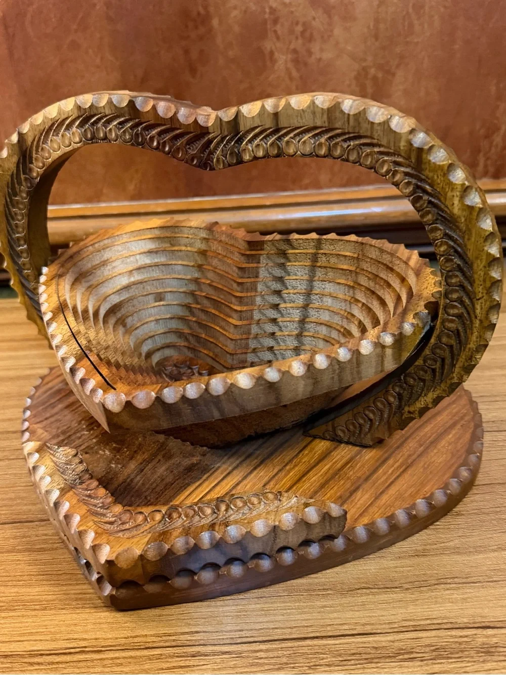 Vintage Hand Carved Sheesham Wood Collapsible Basket 10